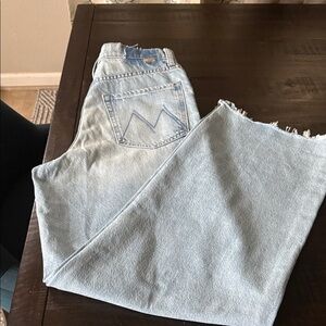 MOTHER High Waisted Spinner Zip Sneak Chew Light Blue Denim Jeans